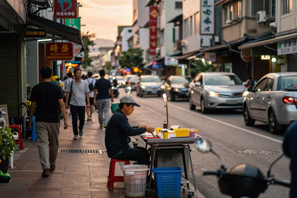 Busy Kaohsiung Taiwan Evening Street Scene with Vendor and Local Life in in Kaohsiung, Taiwan