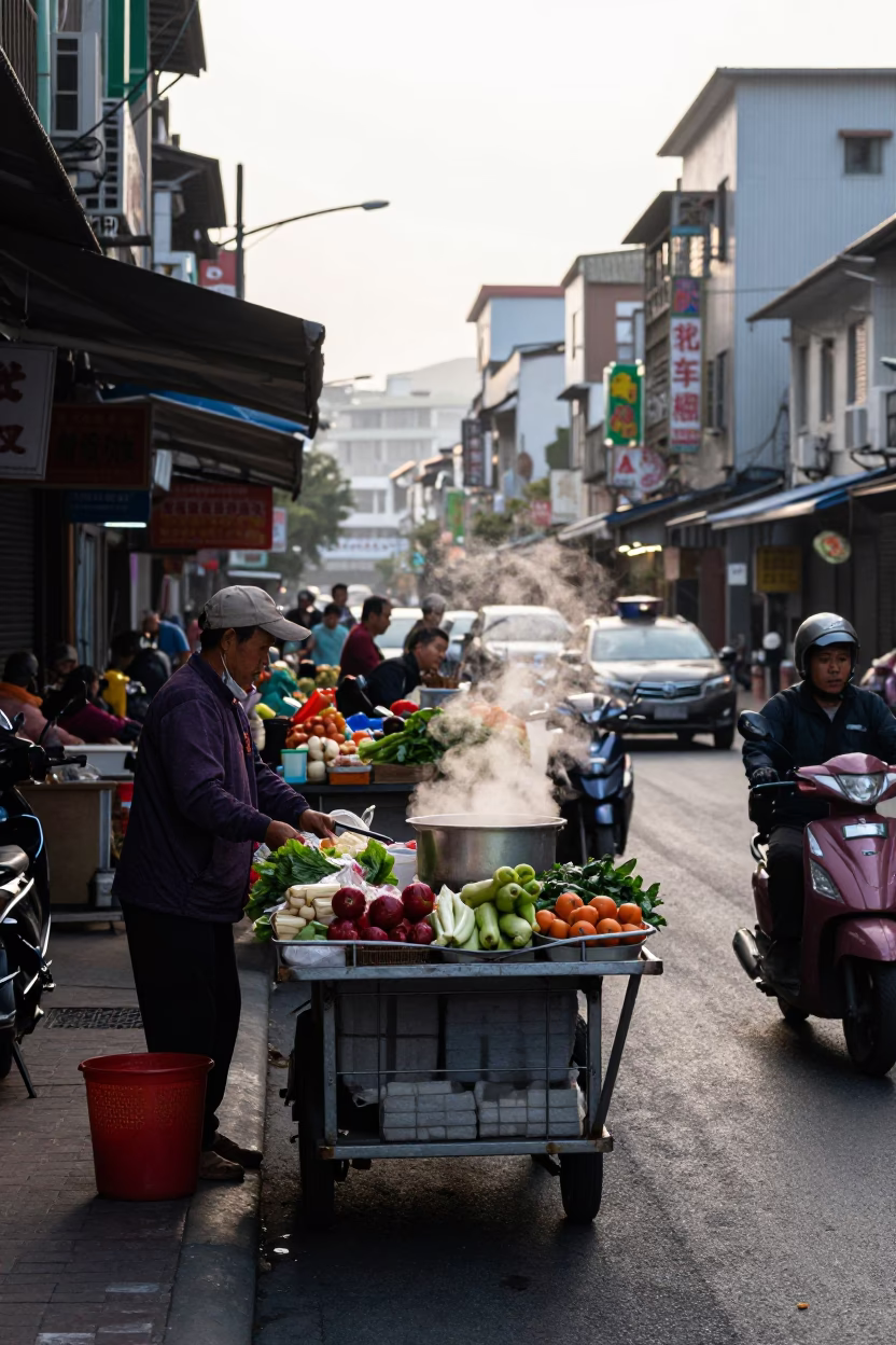 Busy Kaohsiung Taiwan Street Scene Early Morning Local Commerce in in Kaohsiung, Taiwan