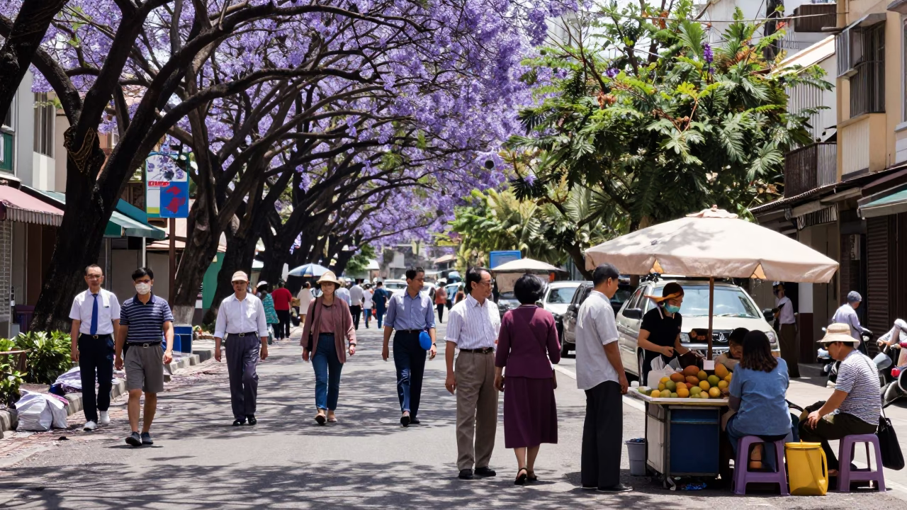 Busy Kaohsiung Taiwan Street Scene Midday Sunlight and Purple Jacaranda Tree Bloom in in Kaohsiung, Taiwan