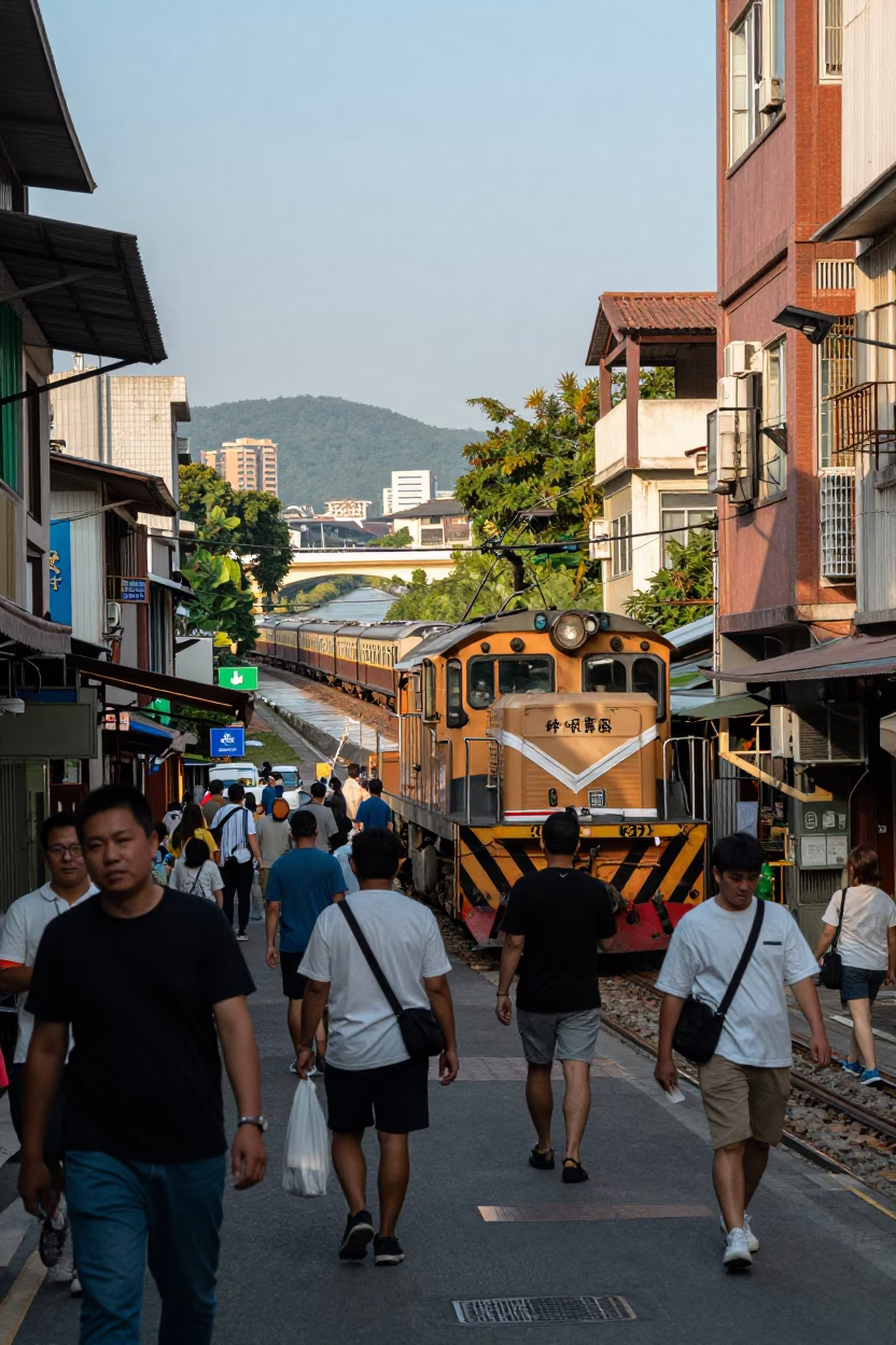Busy Kaohsiung Taiwan Street Scene with Locomotive and Tea Towel in Early Afternoon in in Kaohsiung, Taiwan