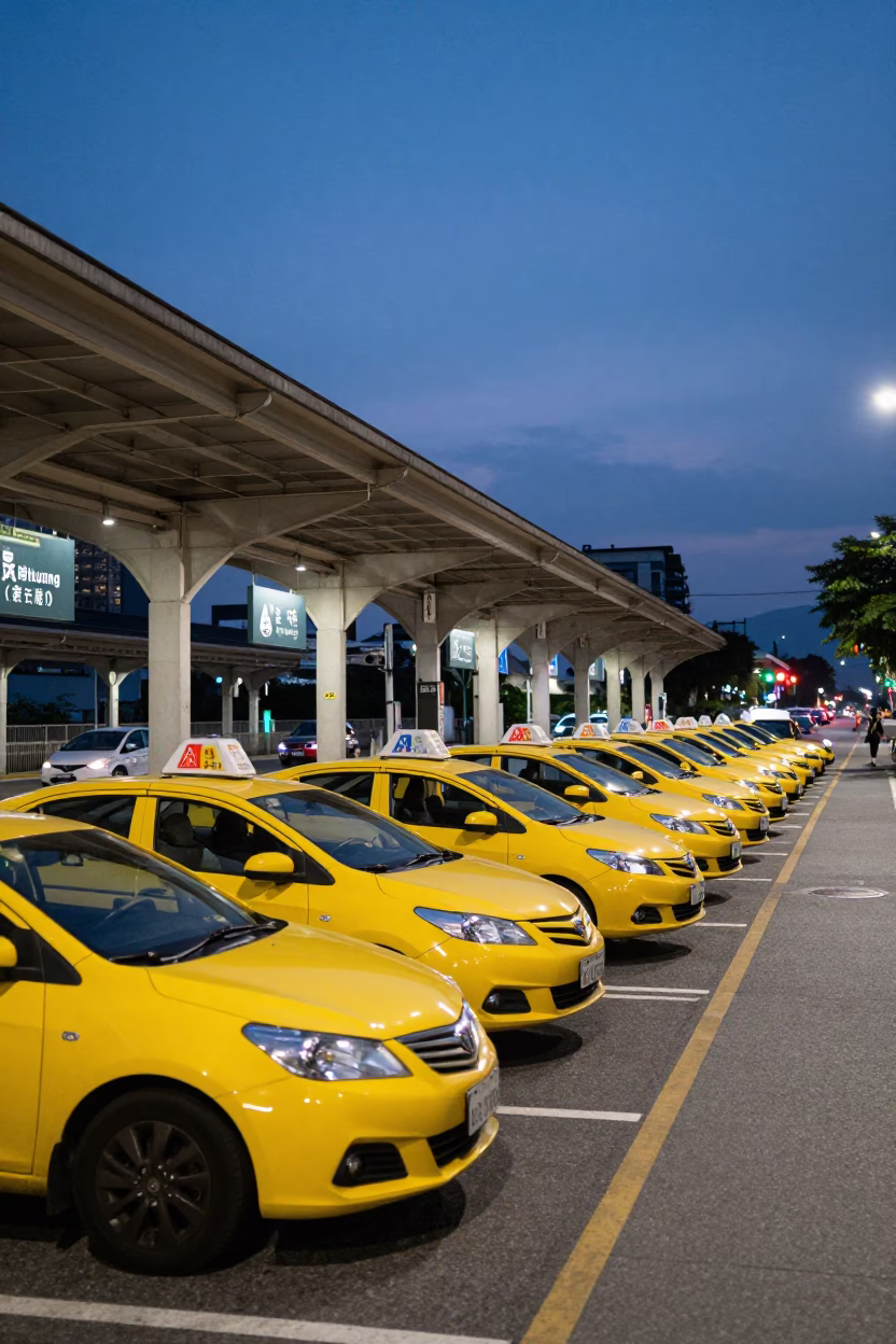 Busy Kaohsiung Taxi Rank Outside Train Station at Twilight with Yellow Cabs and Pedestrians in in Kaohsiung, Taiwan