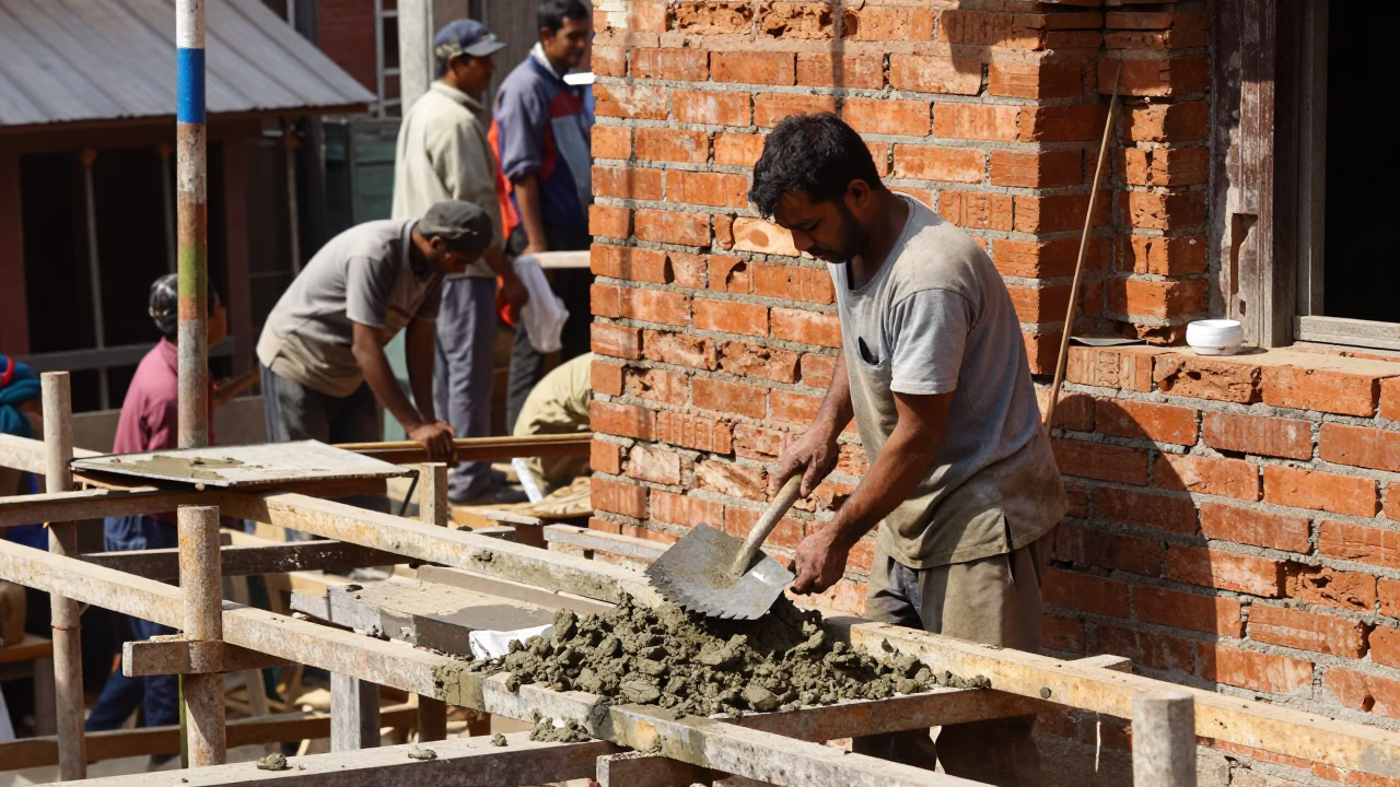 Busy Kathmandu Construction Site with Mason's Trowel and Wet Mortar in Bright Midmorning Light in in Kathmandu, Nepal