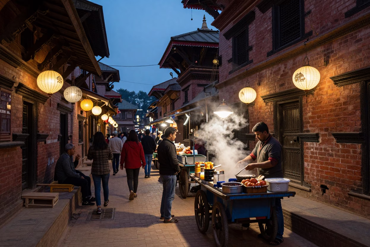 Busy Kathmandu Evening Alley with Lanterns and Street Food Steam in in Kathmandu, Nepal