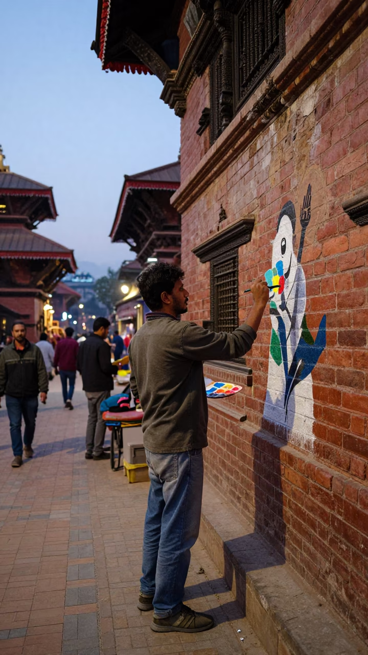 Busy Kathmandu Evening Street Scene with Local Artisan and Traditional Architecture in in Kathmandu, Nepal