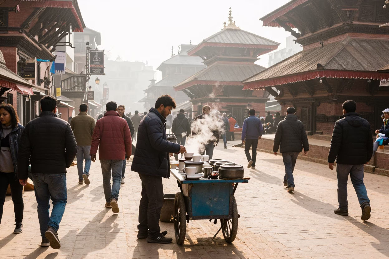 Busy Kathmandu Morning Street Scene with Local Vendor and Morning Light in in Kathmandu, Nepal