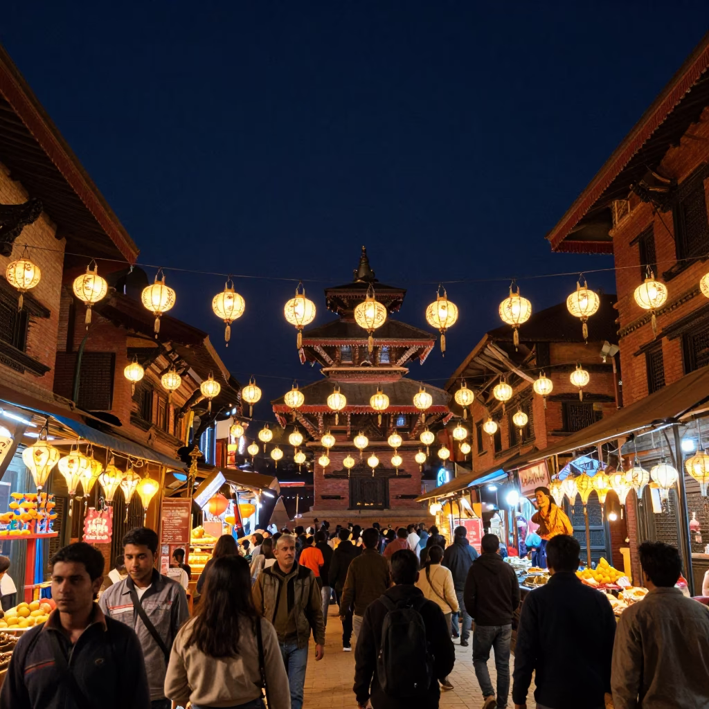 Busy Kathmandu Night Market Street Scene with Hanging Lanterns and Local Vendors in in Kathmandu, Nepal