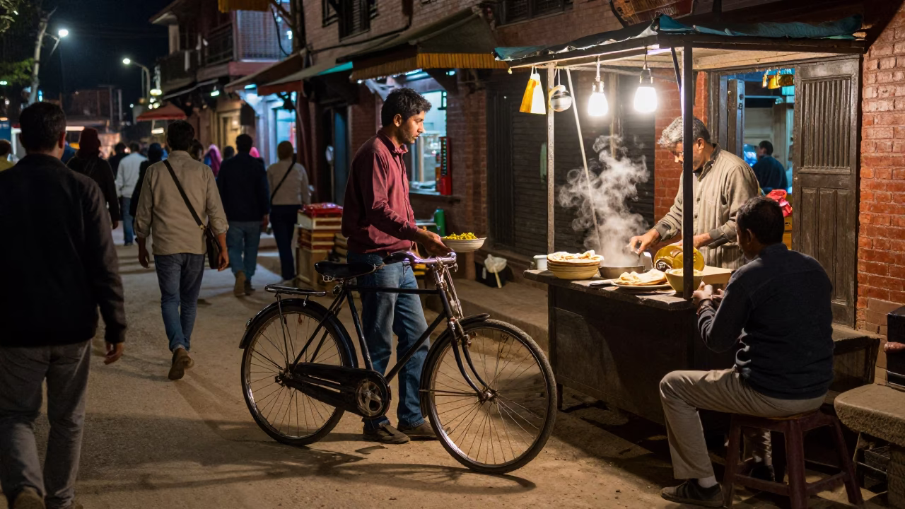 Busy Kathmandu Night Street Scene with Bicycle and Traditional Dal Bhat Meal in in Kathmandu, Nepal