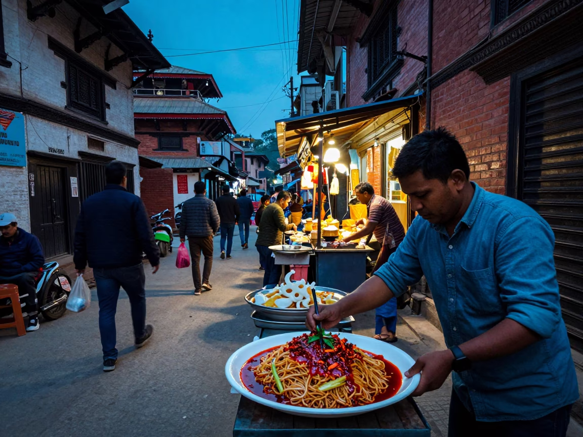 Busy Kathmandu Street Corner at Blue Hour with Food and Daily Life in in Kathmandu, Nepal