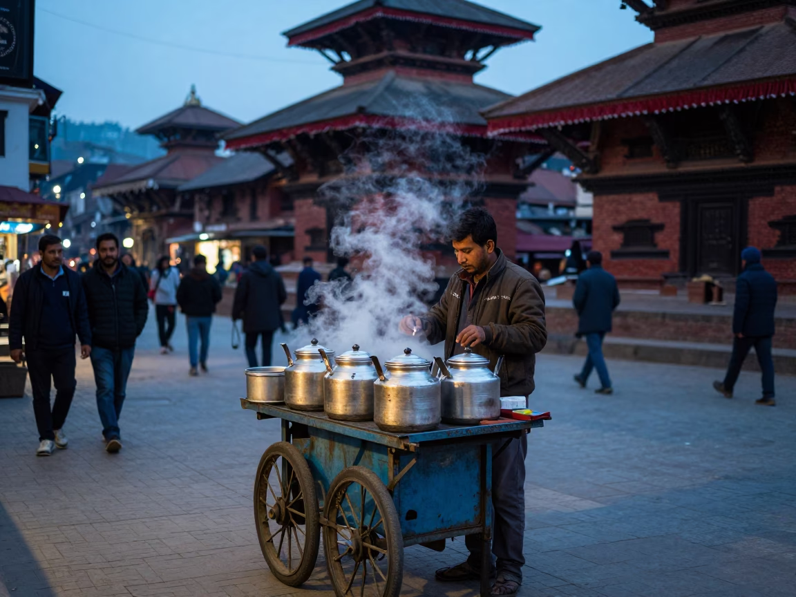 Busy Kathmandu street corner at blue hour with tea vendor and local pedestrians in in Kathmandu, Nepal