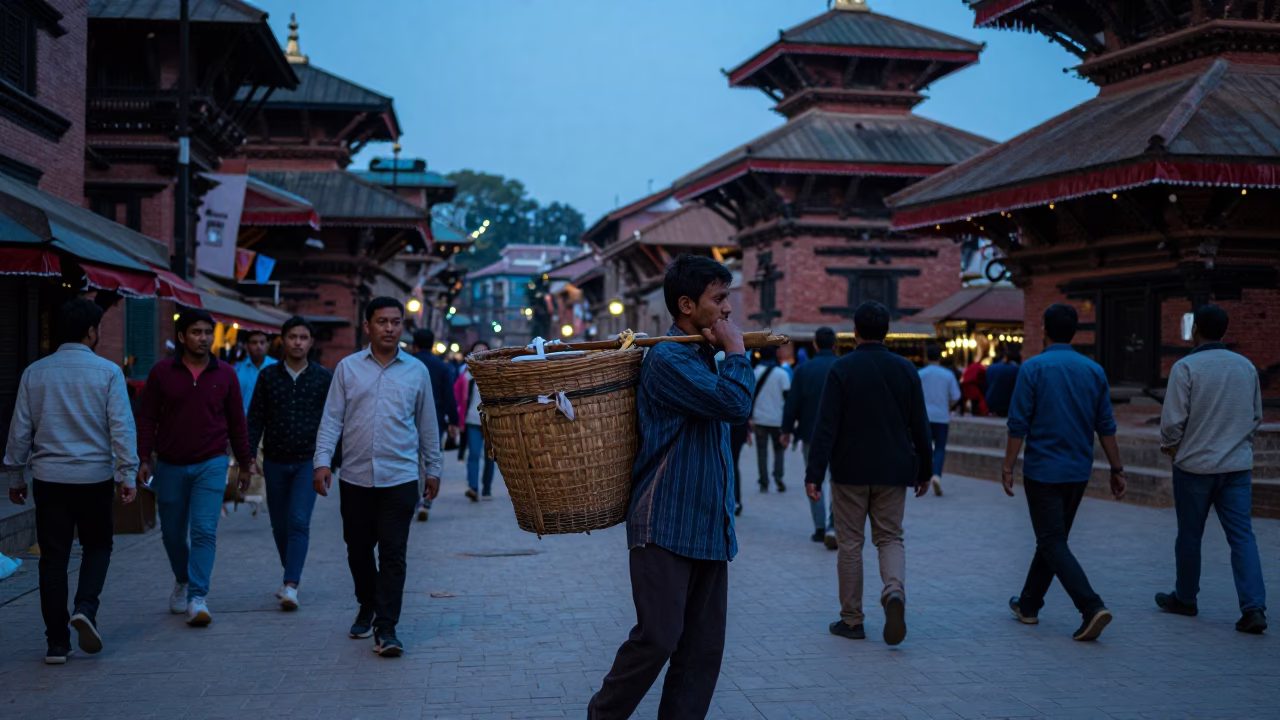 Busy Kathmandu Street Corner at Dusk with Basket and Fabric in in Kathmandu, Nepal