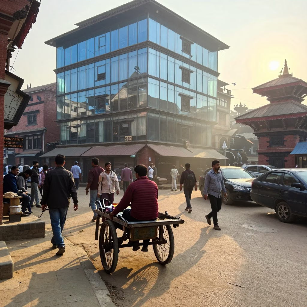 Busy Kathmandu street corner at first light with glass jar and local vendors in in Kathmandu, Nepal