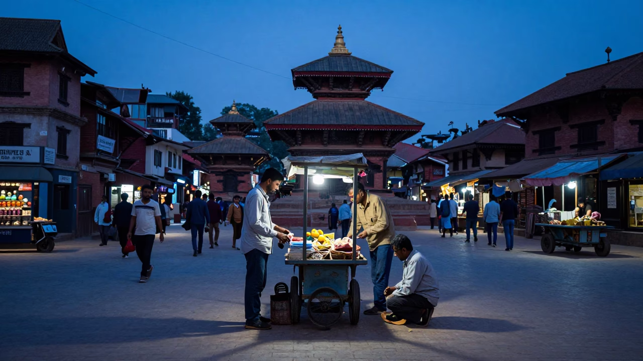 Busy Kathmandu street corner in indigo twilight with shoe brush and camellia in in Kathmandu, Nepal