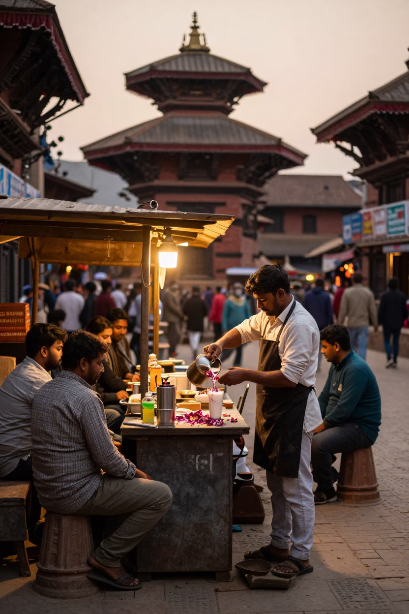 Busy Kathmandu Street Corner Late Afternoon with Lassi and Local Life in Nepal in in Kathmandu, Nepal