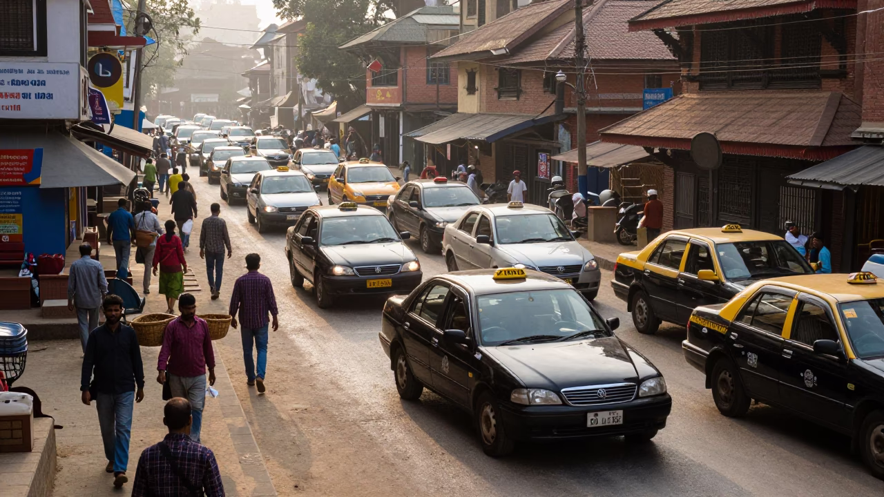 Busy Kathmandu Street Corner Late Morning Traffic and Local Life in Nepal in in Kathmandu, Nepal
