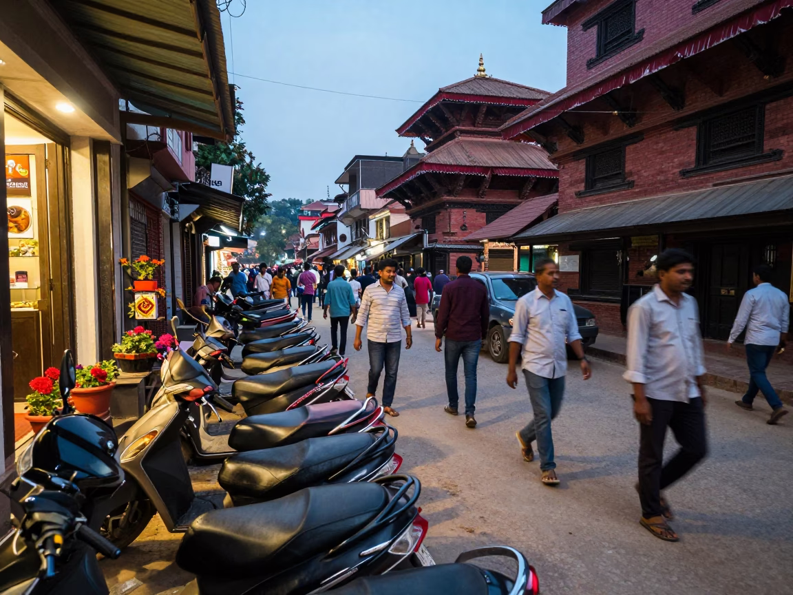 Busy Kathmandu street evening with pedestrians and parked scooters in in Kathmandu, Nepal