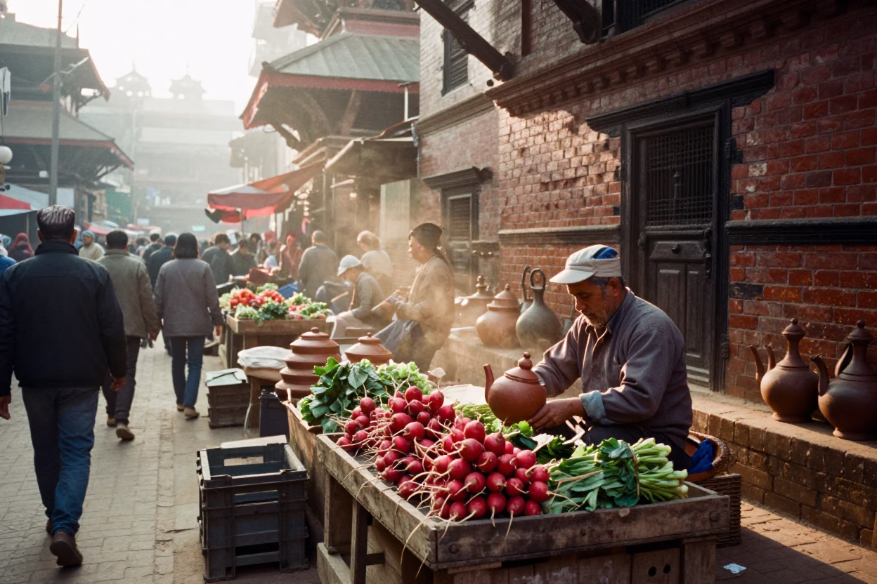 Busy Kathmandu Street Market at Dawn with Clay Teapot and Local Vendors in in Kathmandu, Nepal