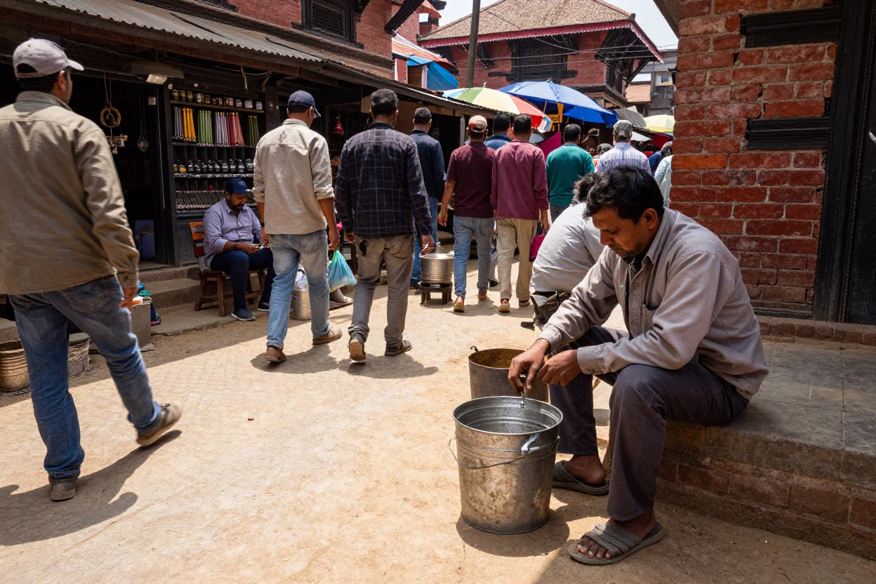 Busy Kathmandu Street Market Midday Scene with Metal Bucket and Chai Vendor in in Kathmandu, Nepal