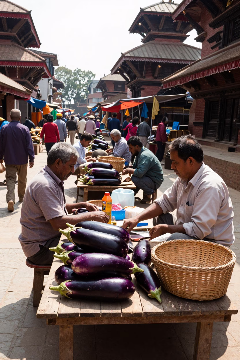 Busy Kathmandu Street Market Midday with Eggplants and Woven Mats in Nepal in in Kathmandu, Nepal
