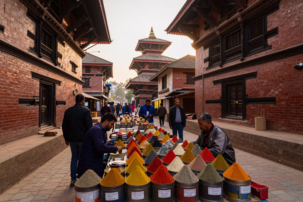 Busy Kathmandu Street Market Stall with Spice Tins and Local Commerce at Golden Hour in in Kathmandu, Nepal