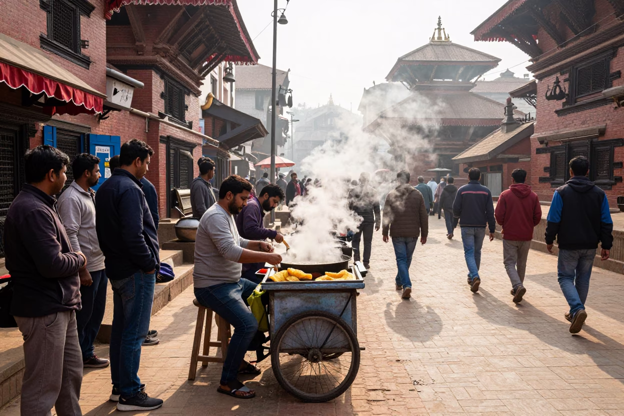 Busy Kathmandu Street Morning with Aloo Tikki Vendor and Local Commuters in in Kathmandu, Nepal