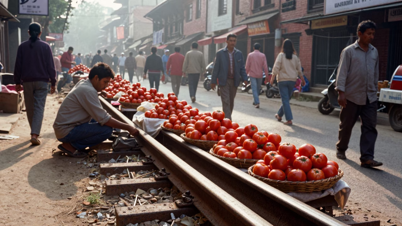 Busy Kathmandu Street Morning with Tomatoes and Rusty Rail Scratches in in Kathmandu, Nepal