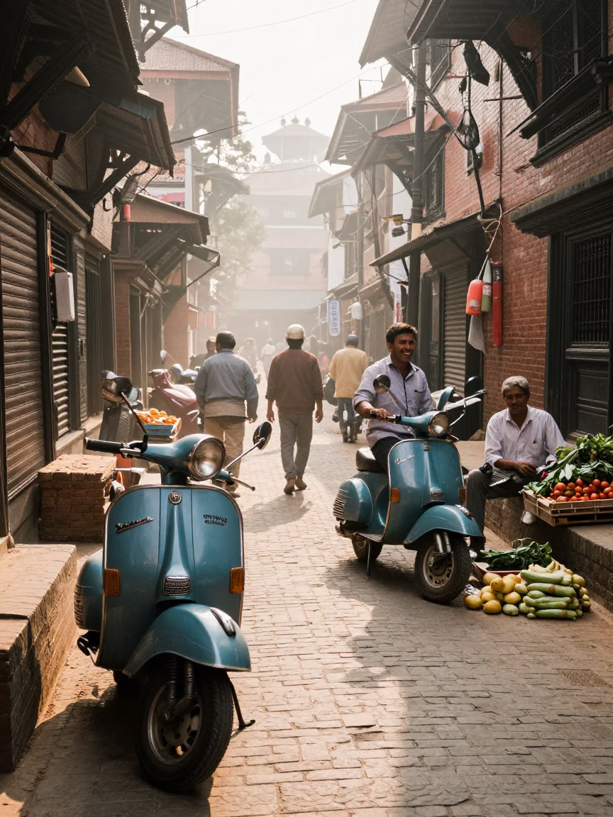 Busy Kathmandu Street Morning with Vintage Vespa and Local Commerce in in Kathmandu, Nepal