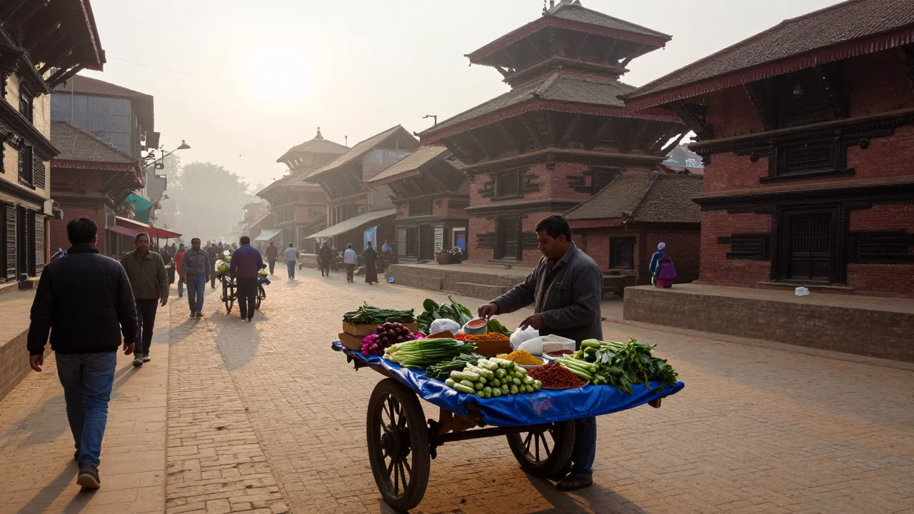 Busy Kathmandu Street Scene After Sunrise with Local Vendor in in Kathmandu, Nepal