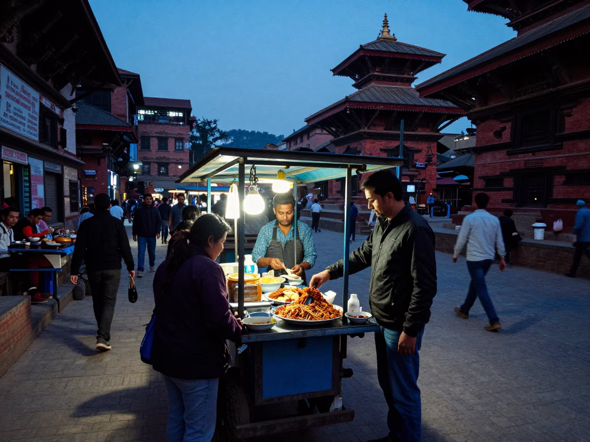 Busy Kathmandu street scene at blue hour with food vendor and pedestrians in in Kathmandu, Nepal