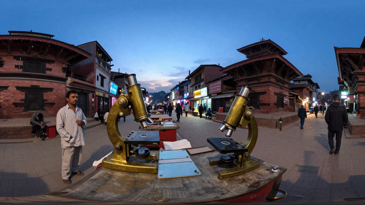 Busy Kathmandu Street Scene at Blue Hour with Vintage Brass Microscope and Local Life in in Kathmandu, Nepal