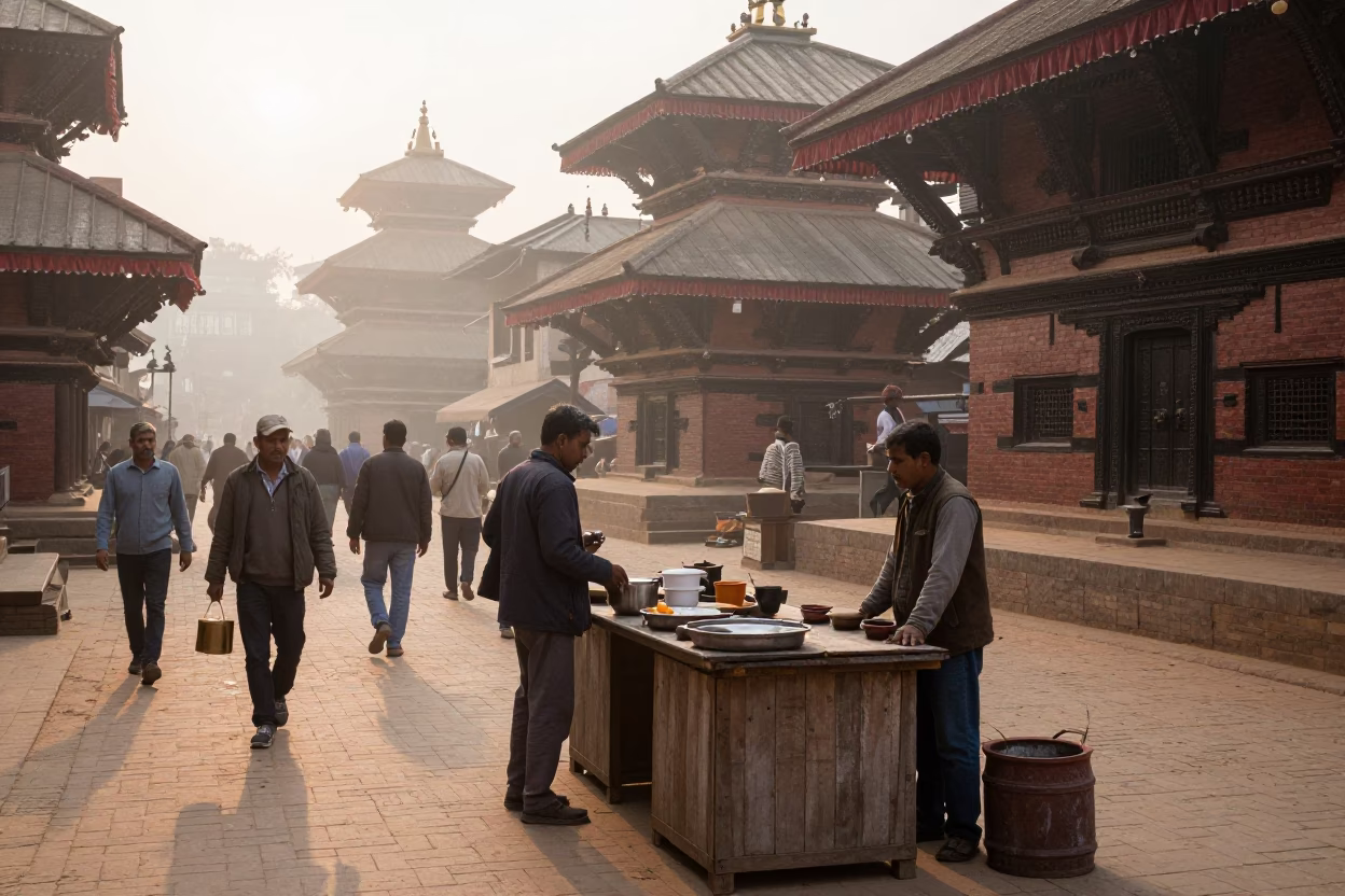 Busy Kathmandu street scene at dawn with locals and traditional basket in Nepal in in Kathmandu, Nepal