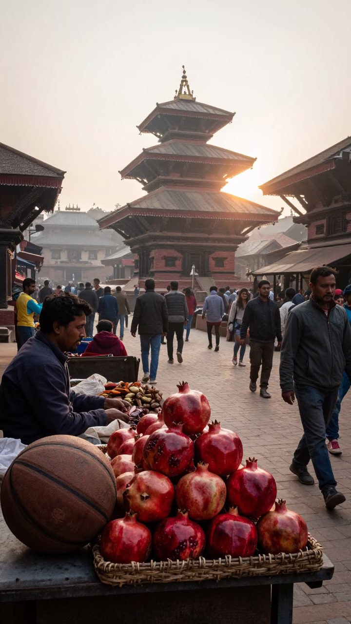 Busy Kathmandu Street Scene at Dawn with Pomegranates and Old Basketball in in Kathmandu, Nepal