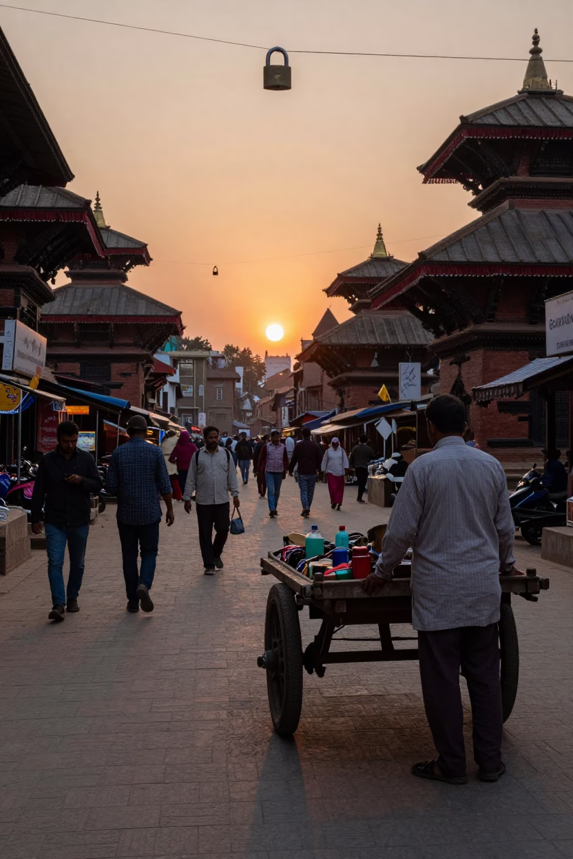Busy Kathmandu Street Scene at Dusk with Padlock and Window Box in in Kathmandu, Nepal