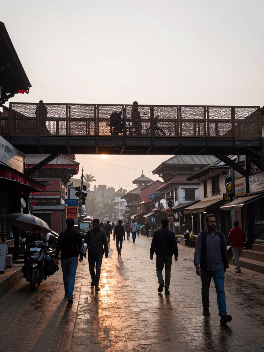 Busy Kathmandu Street Scene at First Light with Pedestrian Overpass and Wet Footsteps in in Kathmandu, Nepal