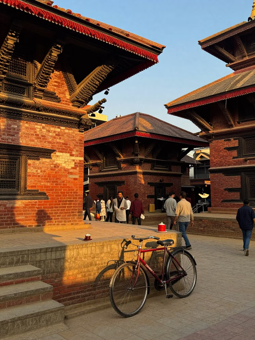 Busy Kathmandu Street Scene at Golden Hour with Bicycle and Traditional Architecture in in Kathmandu, Nepal