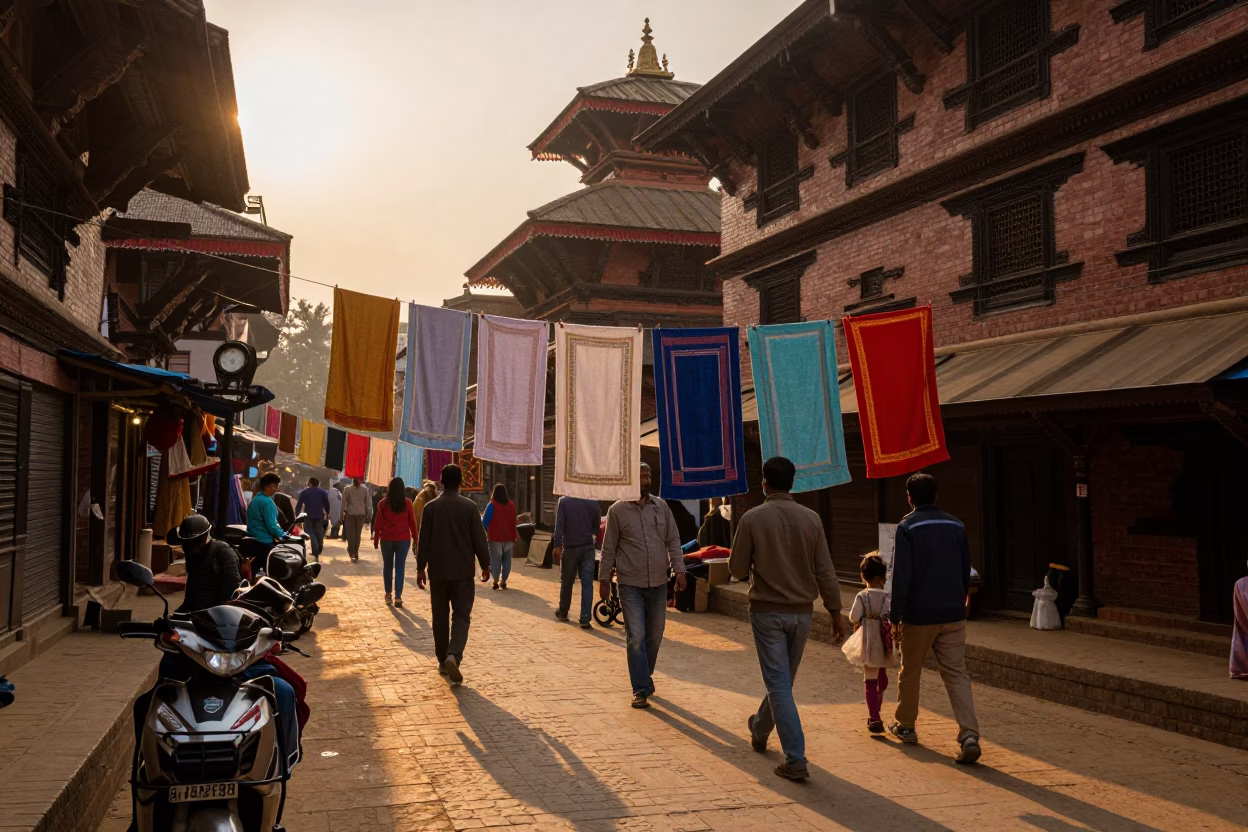 Busy Kathmandu Street Scene at Golden Hour with Drying Towels and Local Market Activity in in Kathmandu, Nepal