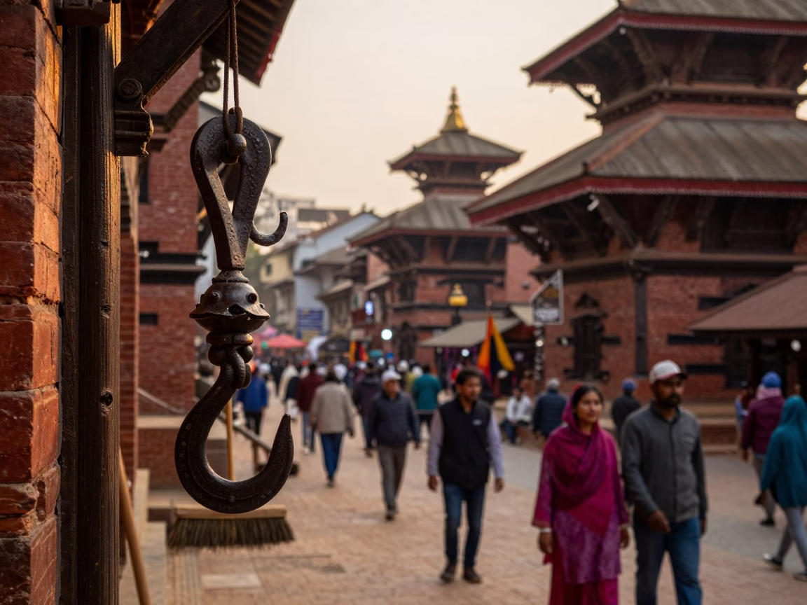 Busy Kathmandu Street Scene at Golden Hour with Iron Hook and Broom in in Kathmandu, Nepal