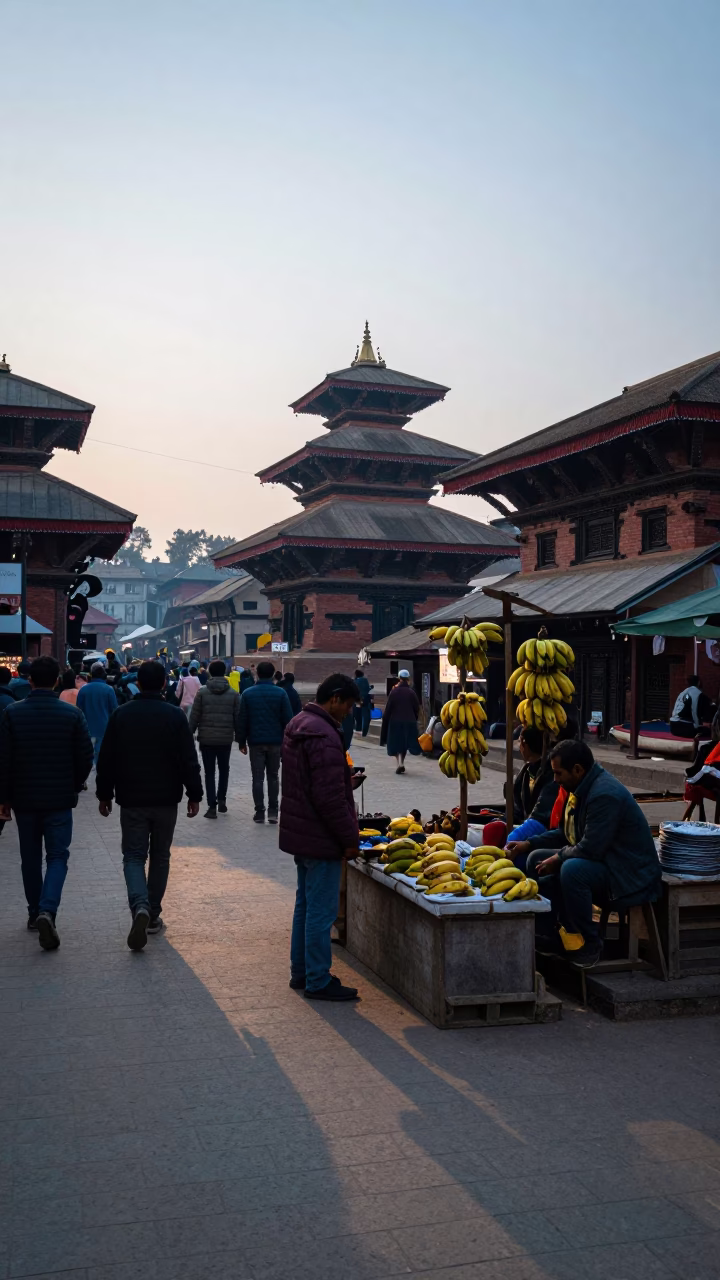 Busy Kathmandu Street Scene at Nautical Dawn with Bananas and Cable Car View in in Kathmandu, Nepal