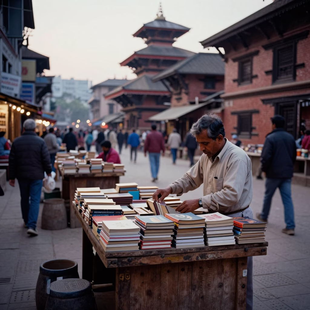 Busy Kathmandu Street Scene at Nautical Dawn with Books and Magazine Rack in in Kathmandu, Nepal