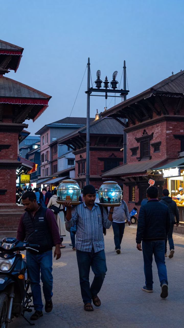 Busy Kathmandu Street Scene at Nautical Dawn with Glass Pitcher and Substation Busbars in in Kathmandu, Nepal