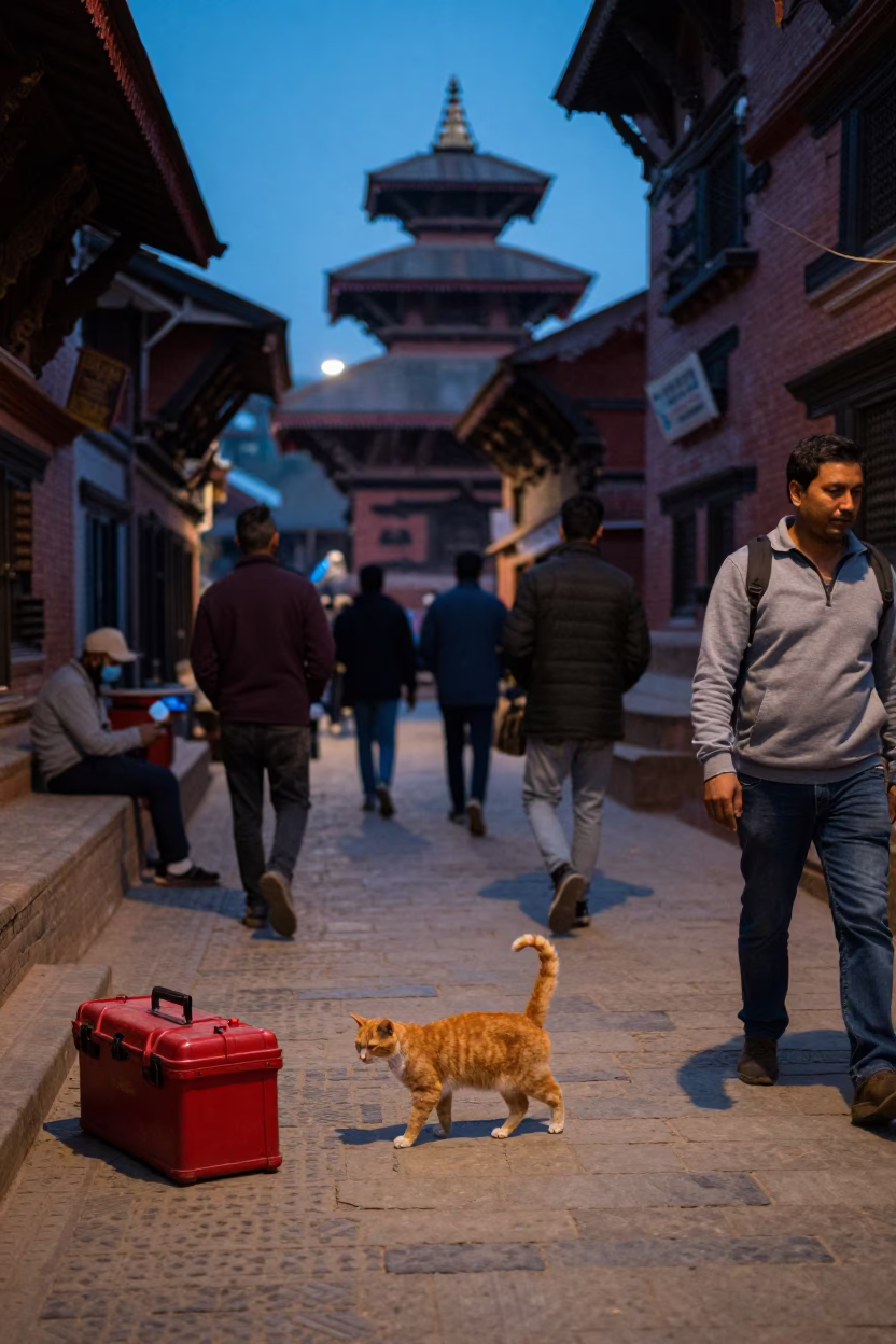 Busy Kathmandu Street Scene at Nautical Dawn with Orange Cat and Toolbox in in Kathmandu, Nepal