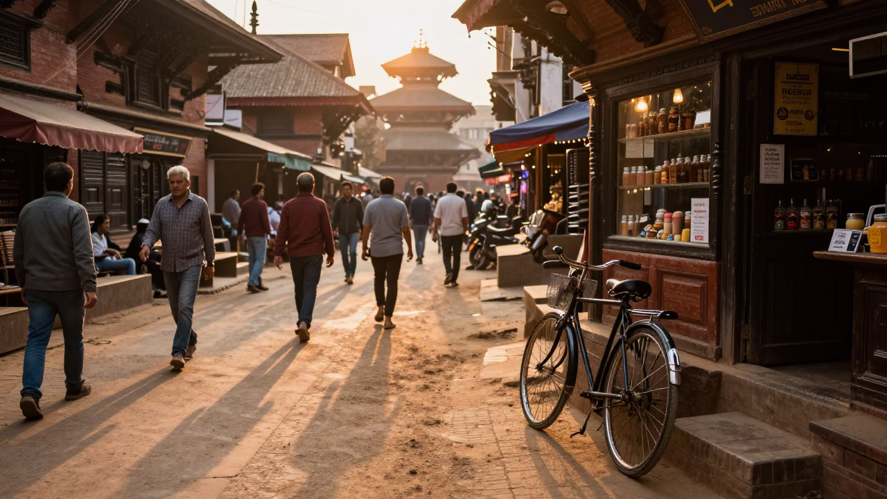 Busy Kathmandu Street Scene at Sunset with Bicycle and Local Life in in Kathmandu, Nepal