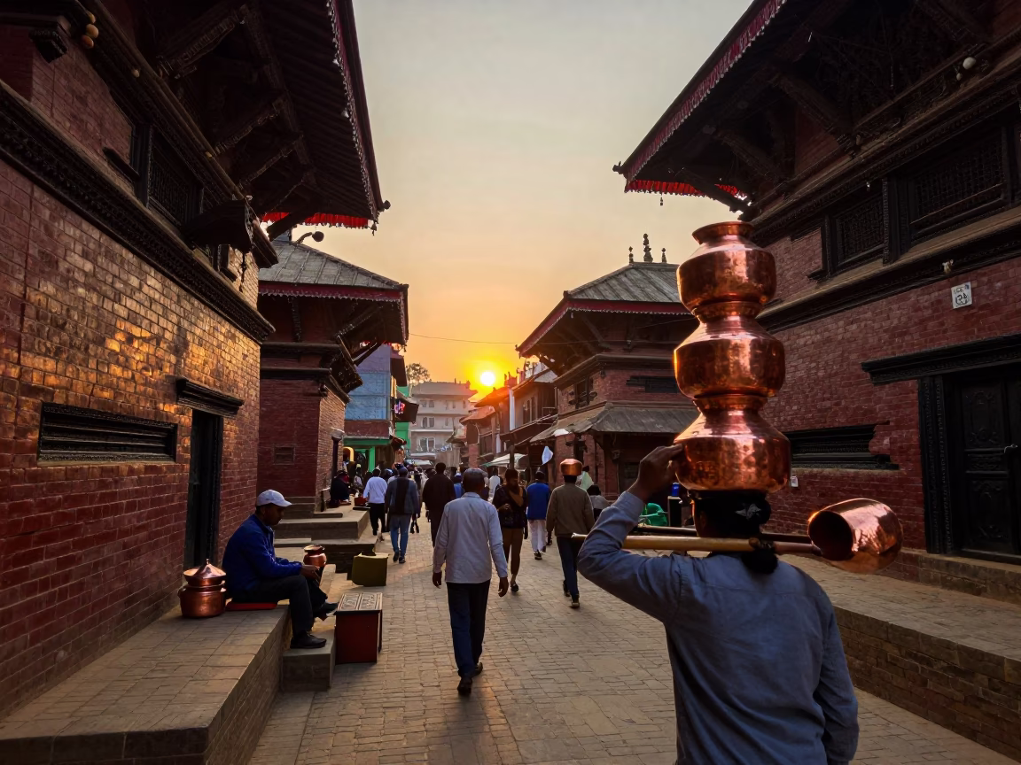 Busy Kathmandu street scene at sunset with copper pots and traditional architecture in in Kathmandu, Nepal