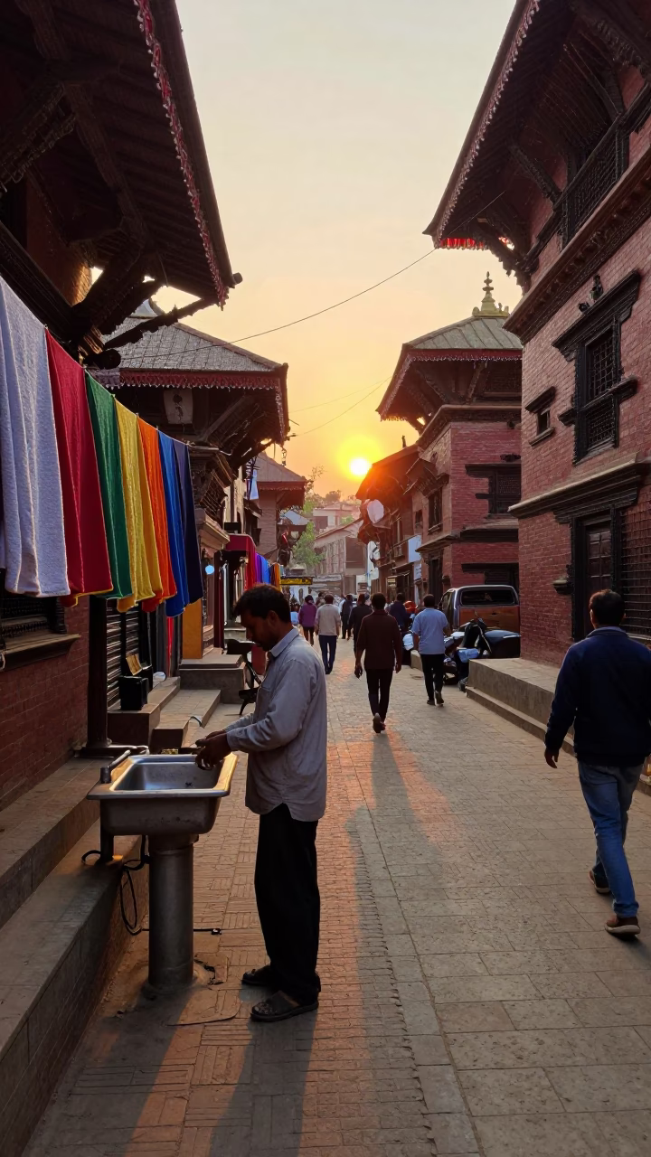 Busy Kathmandu Street Scene at Sunset with Drying Towels and Cracked Stucco in in Kathmandu, Nepal