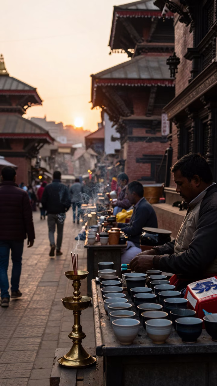 Busy Kathmandu Street Scene at Sunset with Incense Holder and Traditional Ceramics in in Kathmandu, Nepal