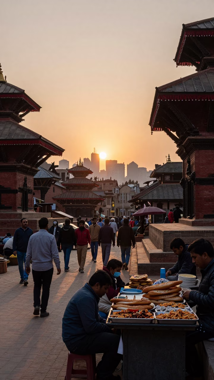Busy Kathmandu street scene at sunset with local vendors and pedestrians in Nepal in in Kathmandu, Nepal