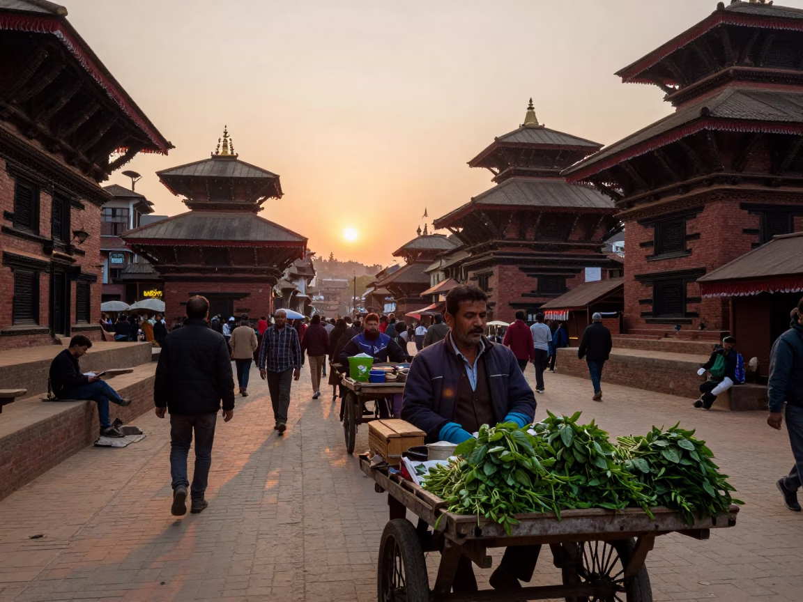 Busy Kathmandu Street Scene at Sunset with Local Vendors and Urban Life in in Kathmandu, Nepal