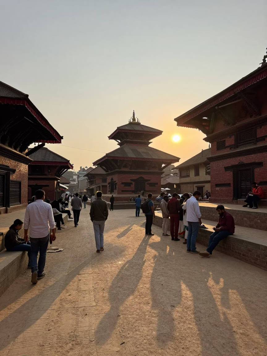 Busy Kathmandu street scene at sunset with locals and traditional architecture in in Kathmandu, Nepal