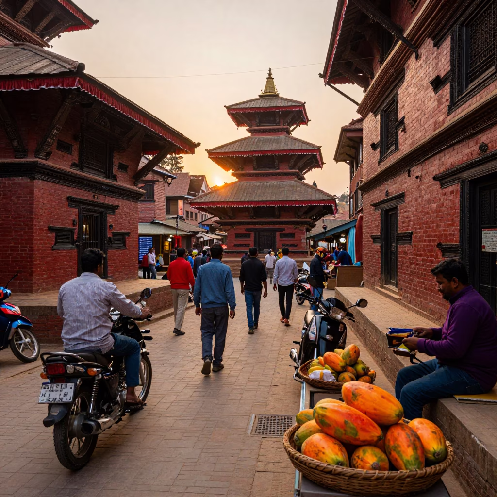 Busy Kathmandu street scene at sunset with locals and traditional items in in Kathmandu, Nepal