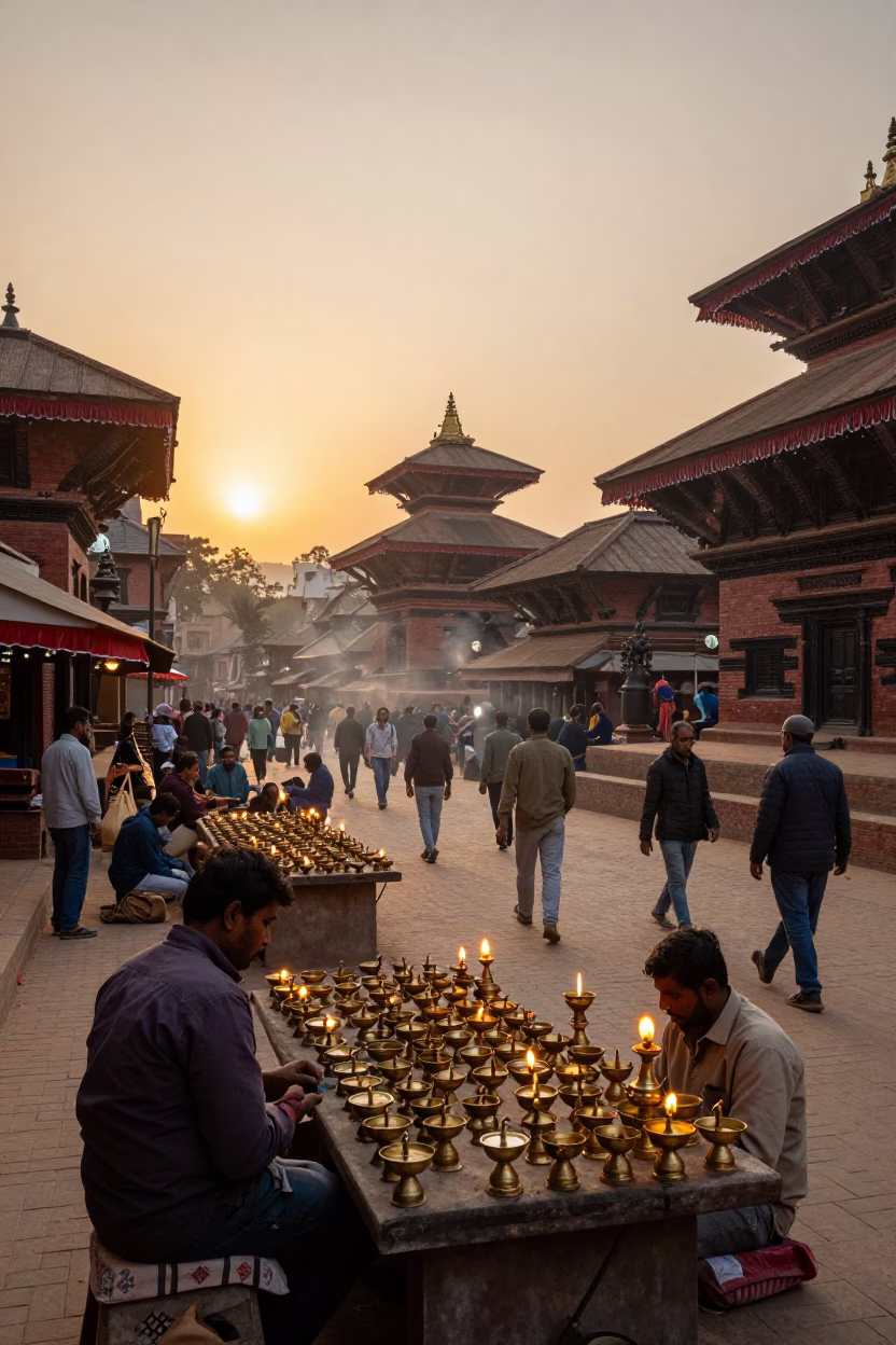 Busy Kathmandu Street Scene at Sunset with Oil Lamps and Local Commerce in in Kathmandu, Nepal