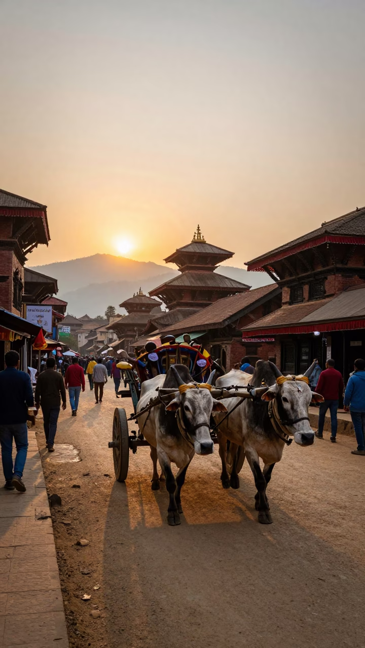 Busy Kathmandu Street Scene at Sunset with Ox Cart and Local Market Activity in in Kathmandu, Nepal